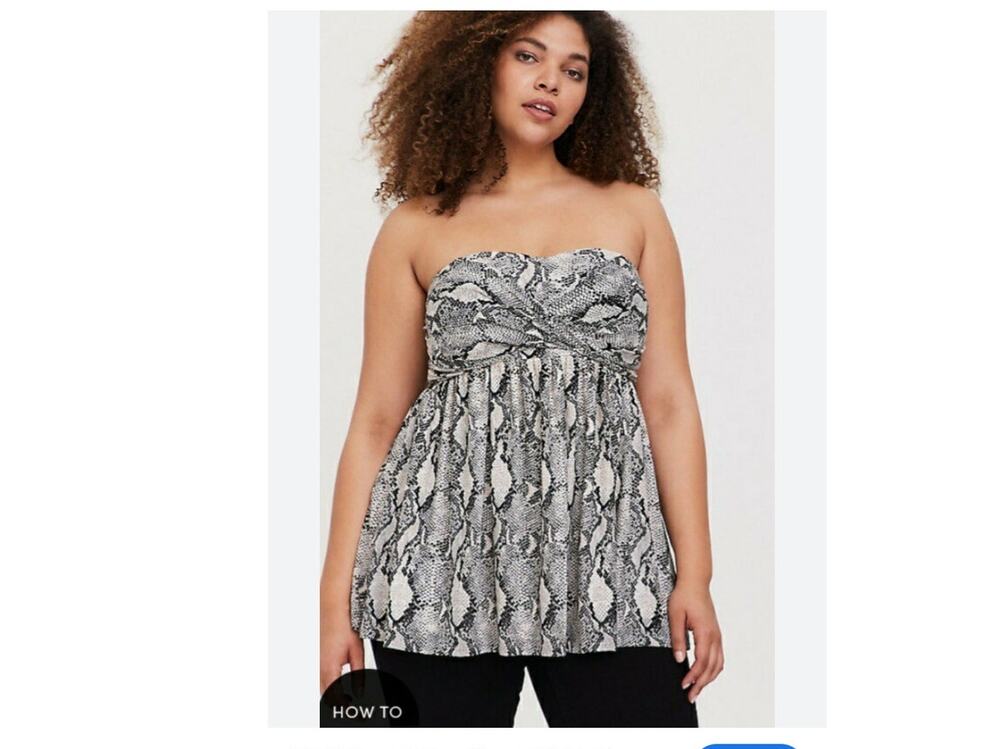 TORRID Strapless Babydoll  Top Snakeskin Print Twisted Bust detail Size OO (10)